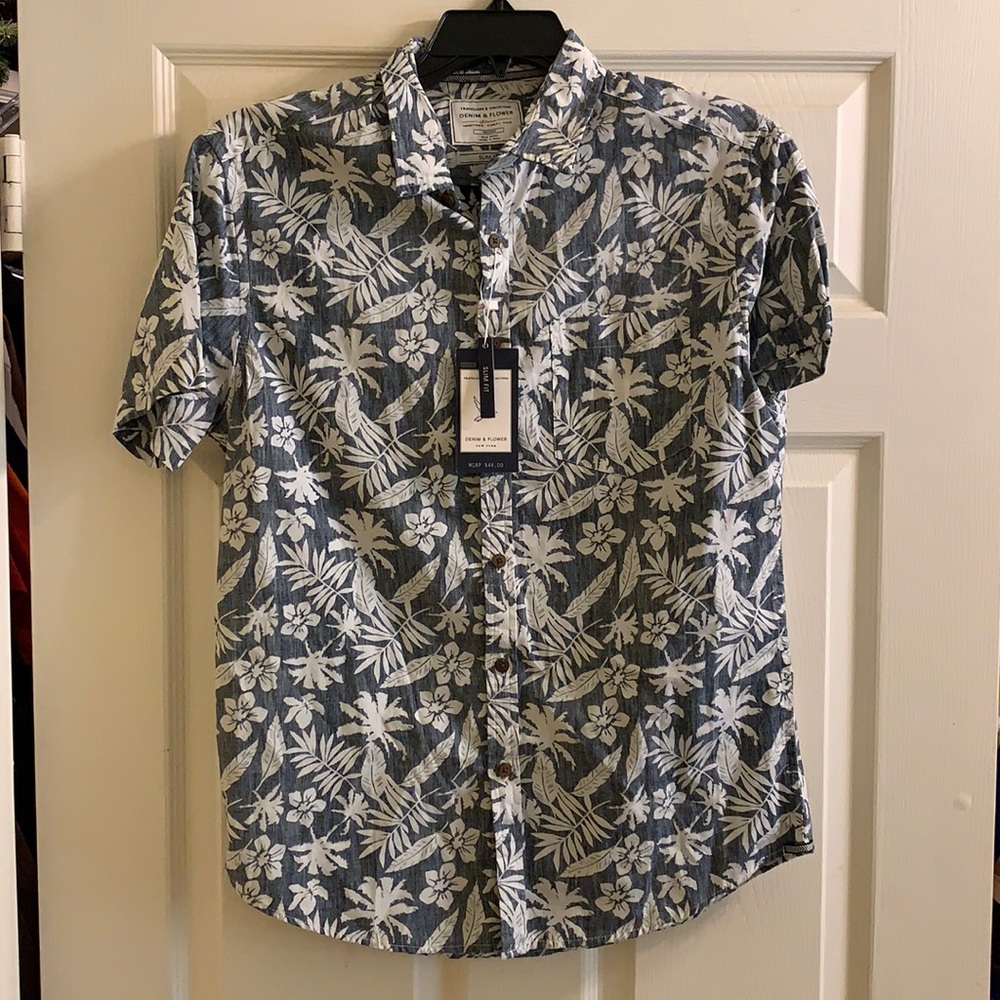 Denim & flowers, slim fit short sleeve button down